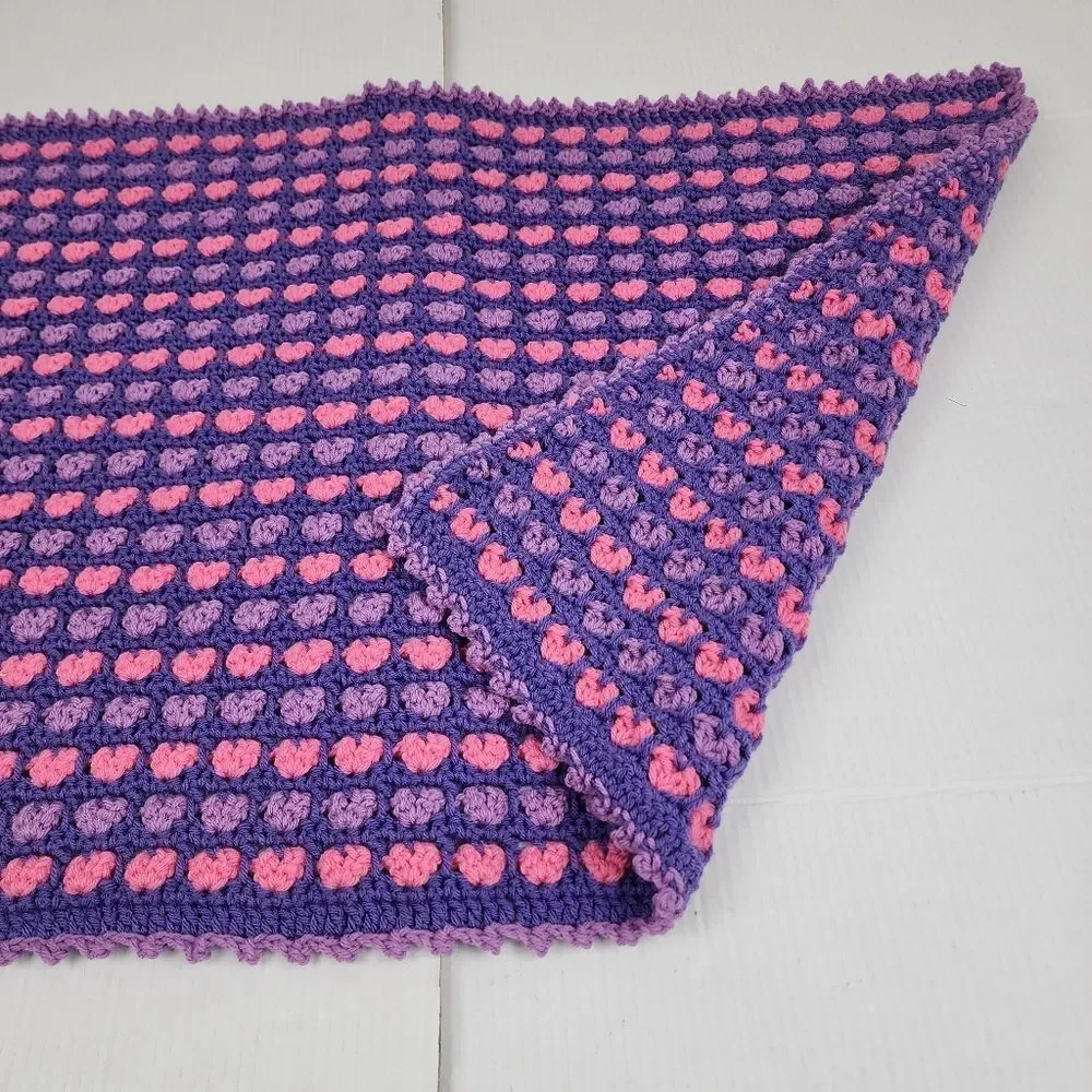 New Handmade Crochet Heart Lap Blanket Purple & Pink Ombre Hearts Throw